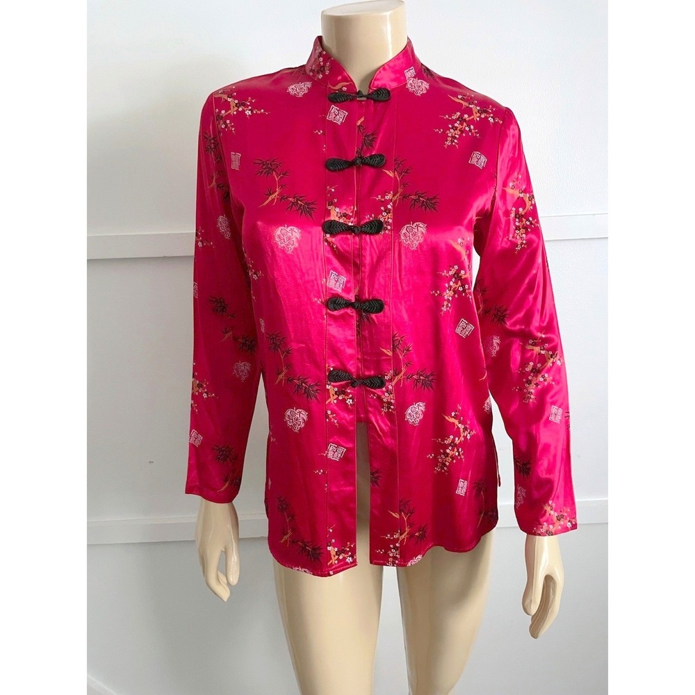 VTG Notations Clothing Co Red Satin Floral Mandarin Collar Frog Button Blouse S
